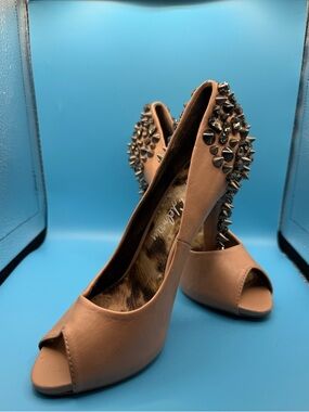 Sam Edelman Lorissa Nude Peep-Toe Heels with Metallic Spike Studs